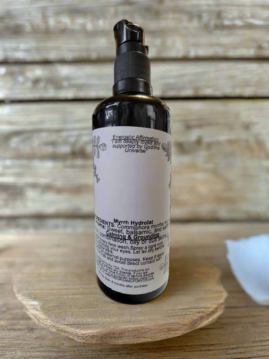 Myrrh hydrosol is primarily known for its beneficial properties in skincare and aromatherapy. It's often used as a facial mist, toner, or in DIY serums to promote healthy-looking skin, reduce redness, and minimize the appearance of fine lines. Additionally, it's known for its calming and grounding aroma, making it suitable for aromatherapy and bedtime rituals. 