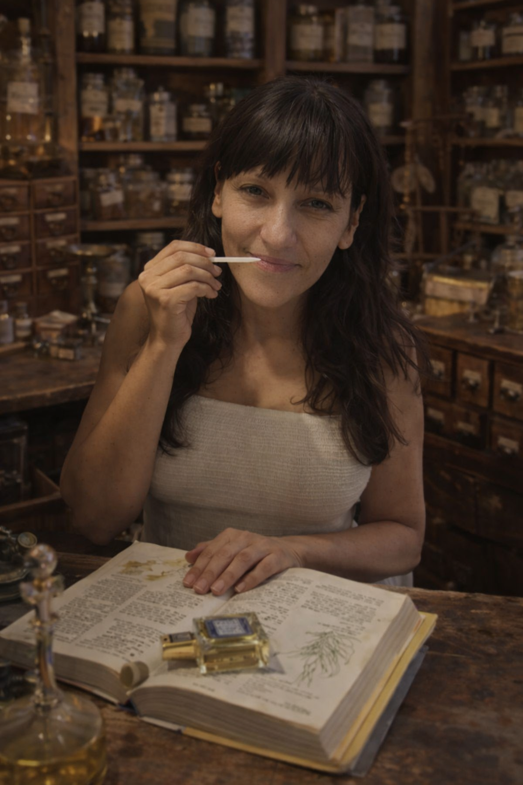 Carmen is carefully creating a special formula tailored just for a customer. She holds a delicate scent strip beneath her nose, thoughtfully evaluating the aroma she is blending. 
