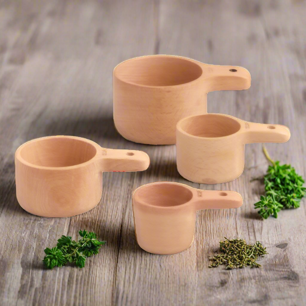 A set of natural wood measuring cups 