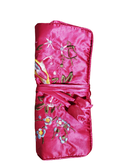 Jewelry Roll Up Tie Bag | Bird Theme | Red Asian Embroidered Style