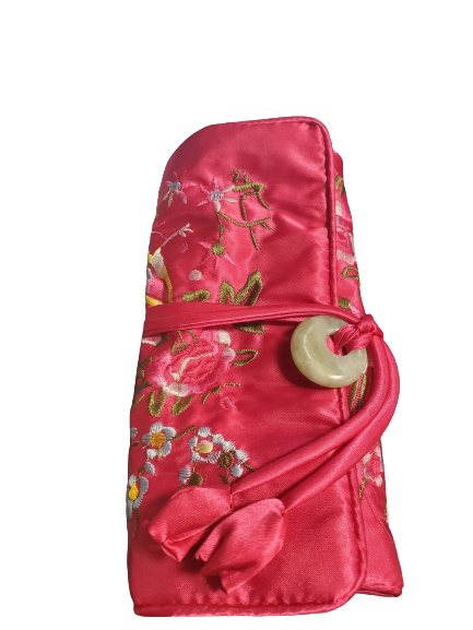 Jewelry Roll Up Tie Bag | Bird Theme | Red Asian Embroidered Style