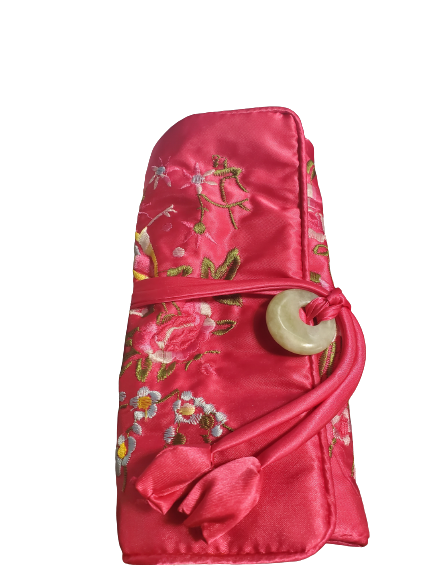 Travel Jewelry Roll Up Tie Bag | Bird Theme | Red Asian Embroidered Style