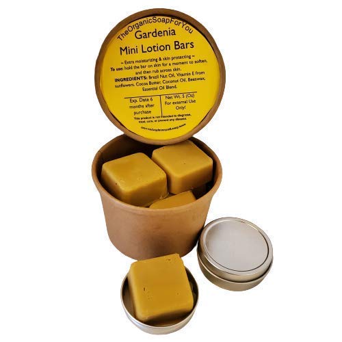 Set of 8 Mini Gardenia Lotion Bar Squares | 5 oz Cardboard Box | 1x Mini Tin Included | Zero Waste | Eco Friendly