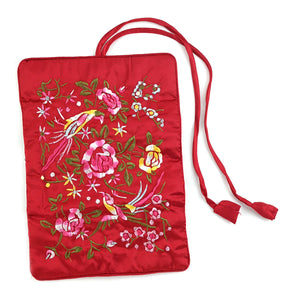 Jewelry Roll Up Tie Bag | Bird Theme | Red Asian Embroidered Style
