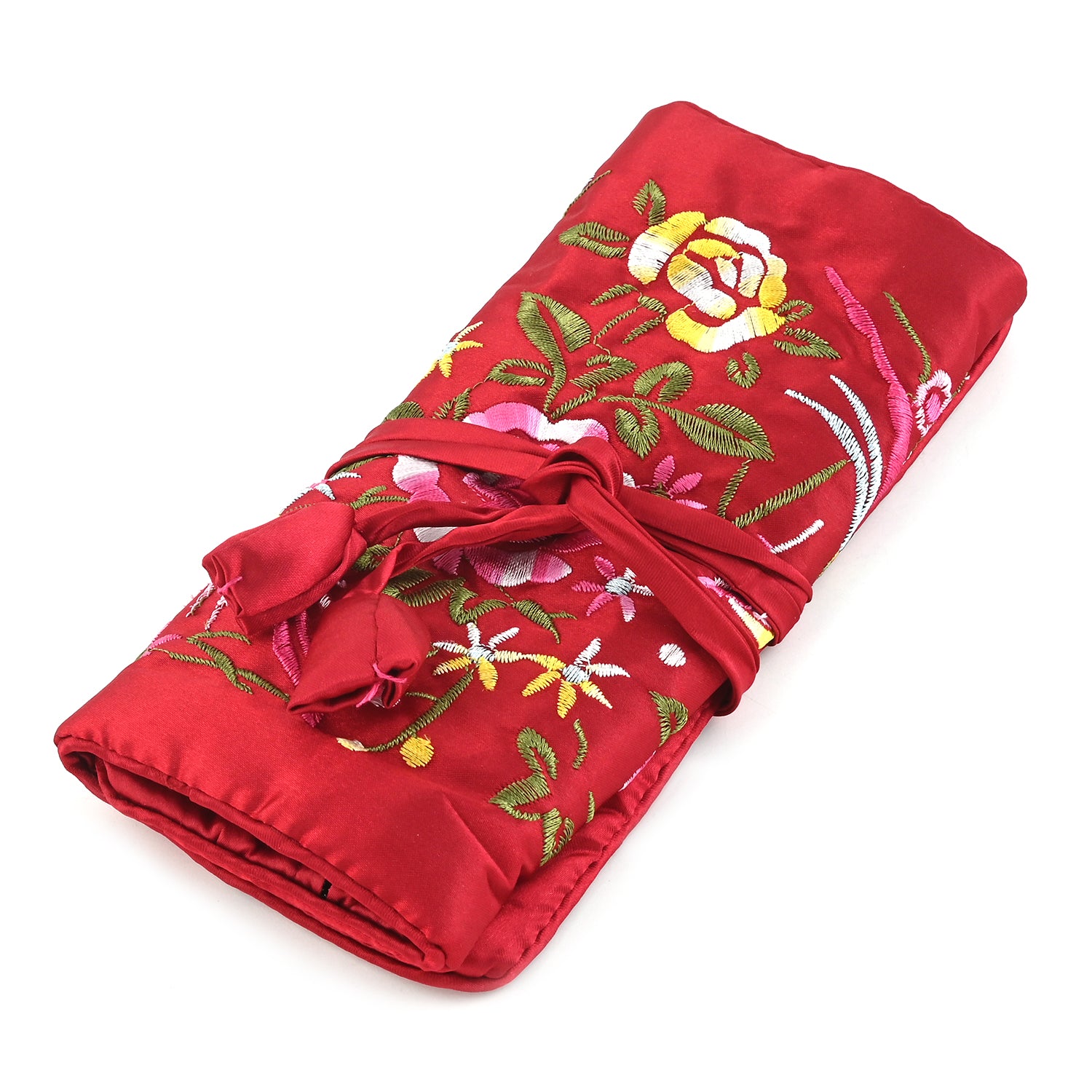 Jewelry Roll Up Tie Bag | Bird Theme | Red Asian Embroidered Style